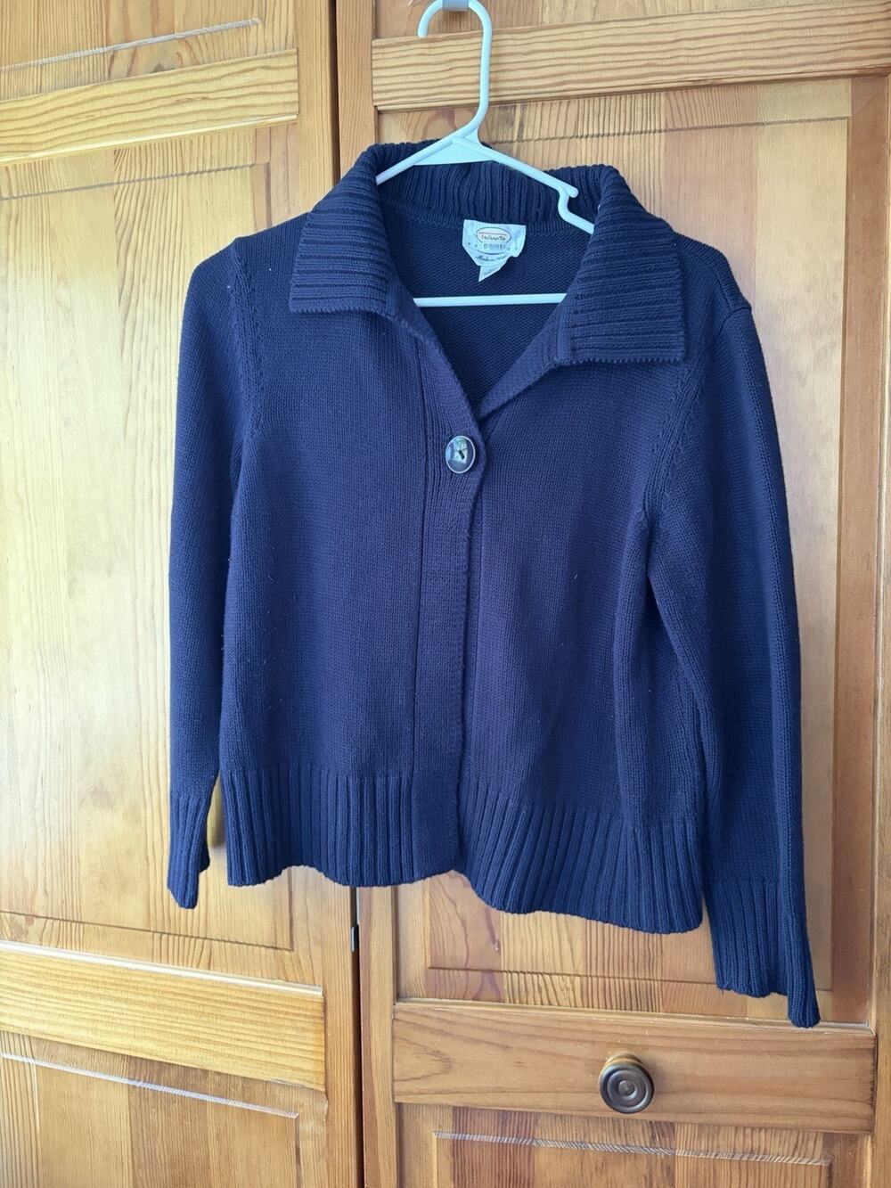 Talbots Womens Navy Blue LS Collared Cotton Blend Cardigan Made in Italy Sz M